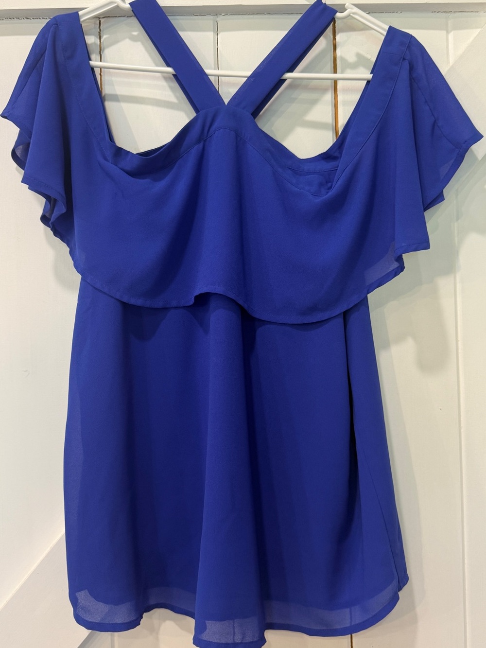 Naked Zebra Royal Blue Off-Shoulder Ruffle Crossover Strap Top